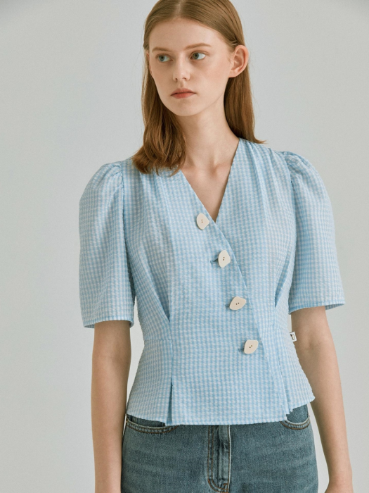 Button Point Check Blouse LIGHT BLUE (JYBL1B913B1)