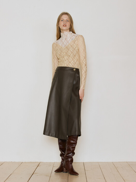 Vegan Leather Wrap Skirt_Brown 