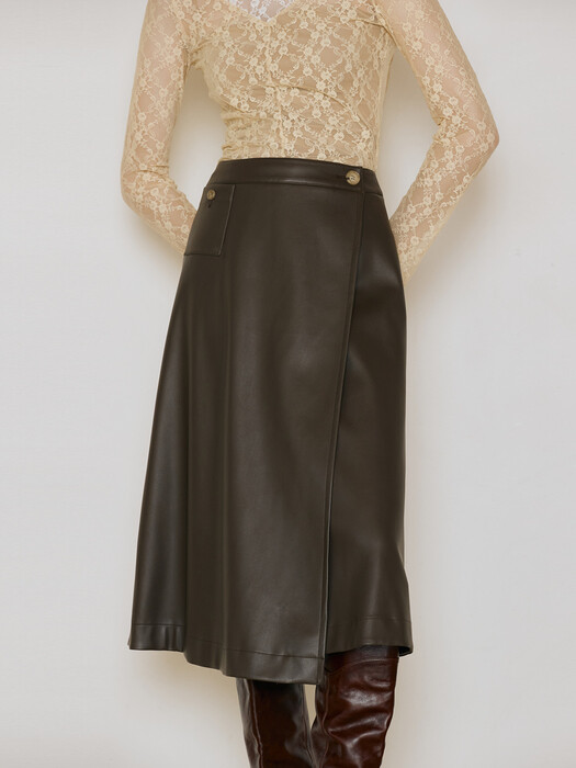 Vegan Leather Wrap Skirt_Brown 