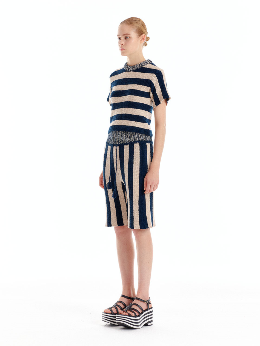 ULLAD Stripe Knit Shorts - Navy/Beige Stripe