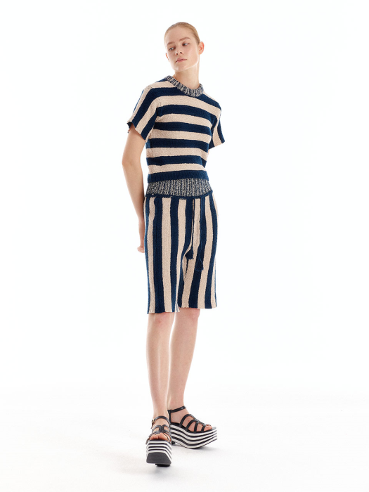 ULLAD Stripe Knit Shorts - Navy/Beige Stripe