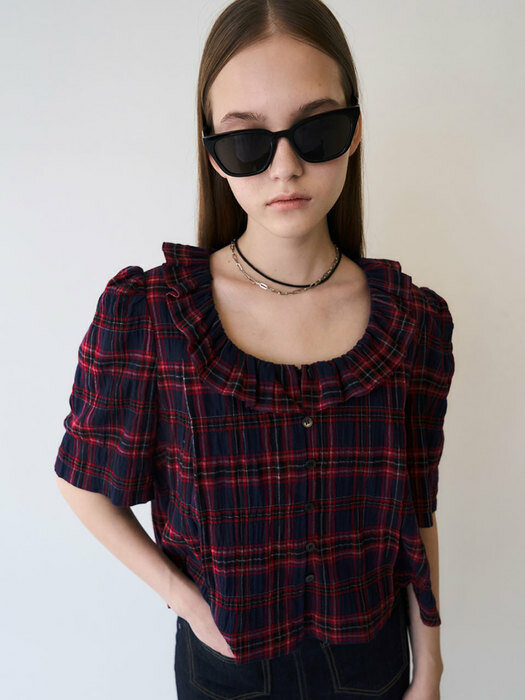 22 Spring_ Check Ruffle Neck Cropped Blouse