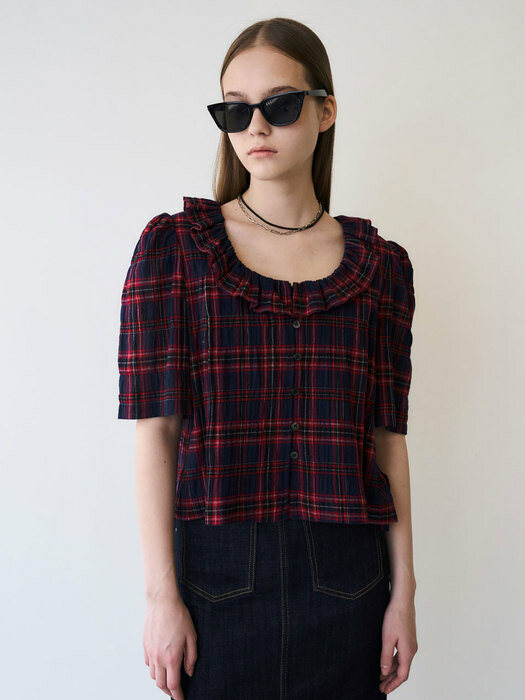 22 Spring_ Check Ruffle Neck Cropped Blouse