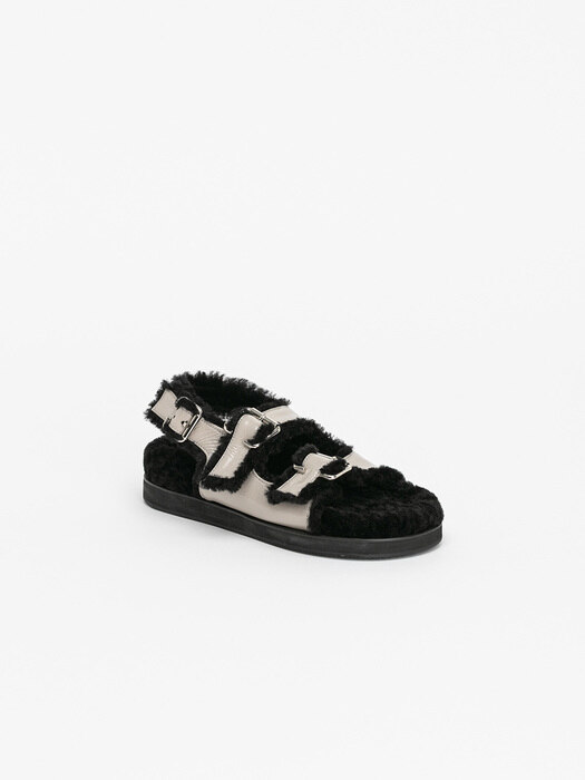 Purna Footbed Shearling Sandals in Wrinkled Dove Gray Box with Black Fur