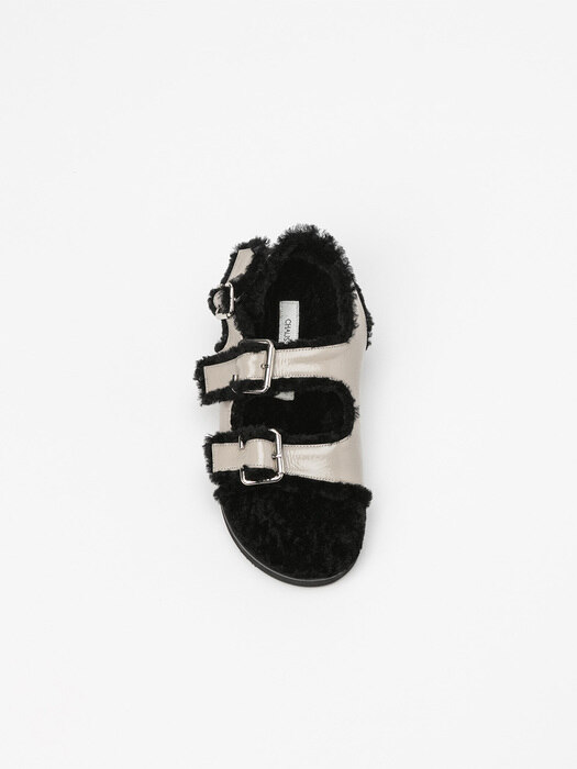 Purna Footbed Shearling Sandals in Wrinkled Dove Gray Box with Black Fur