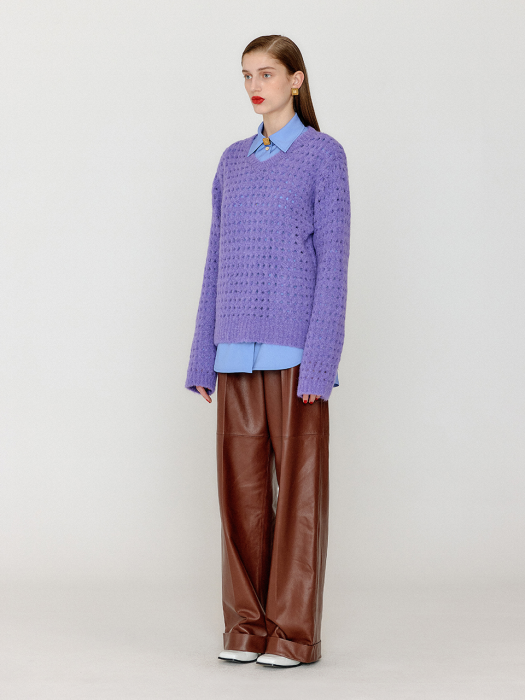 VNET V-Neck Net Knit Pullover - Violet