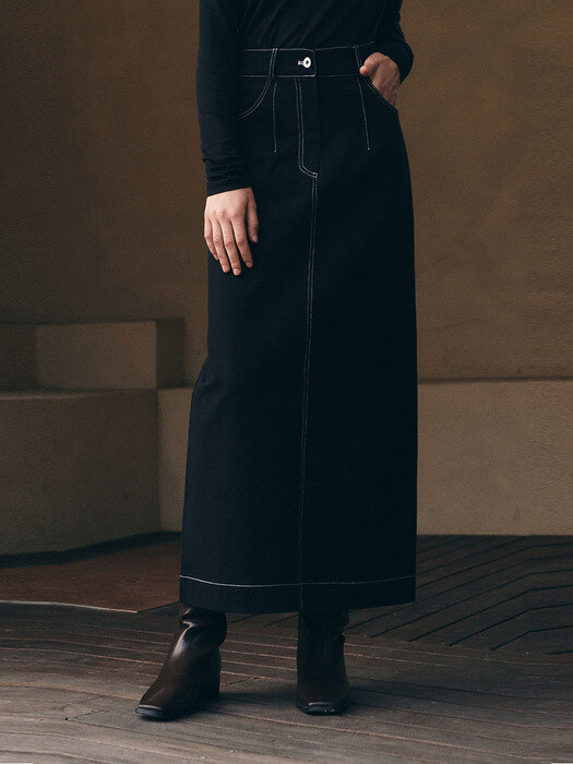 Natural cotton stitch long skirt - black