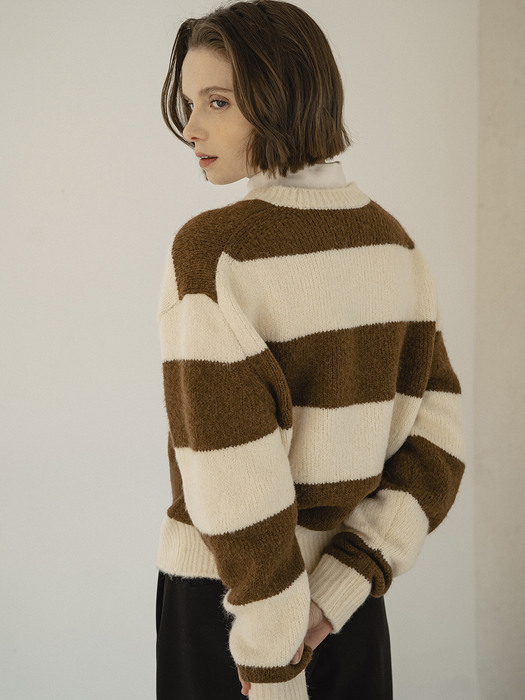 KN4212 Stripe mohair knit_Olive brown/Cream