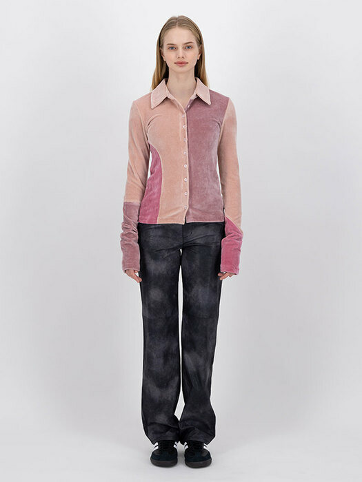 [EXCLUSIVE]PANELLED VELVET FITTED SHIRT, PINK