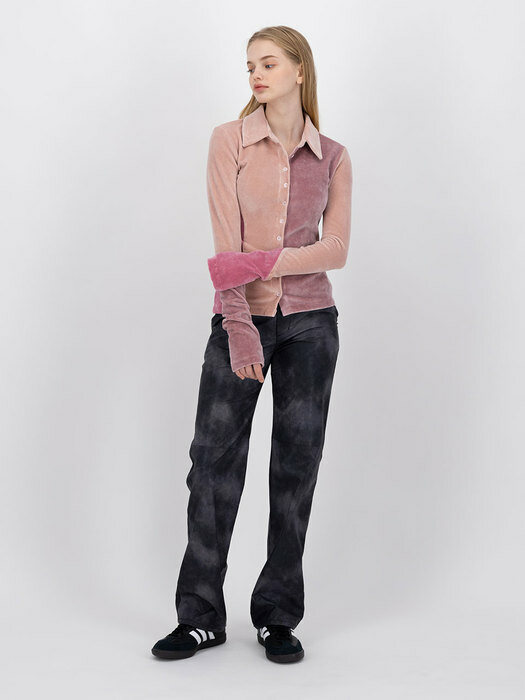 [EXCLUSIVE]PANELLED VELVET FITTED SHIRT, PINK
