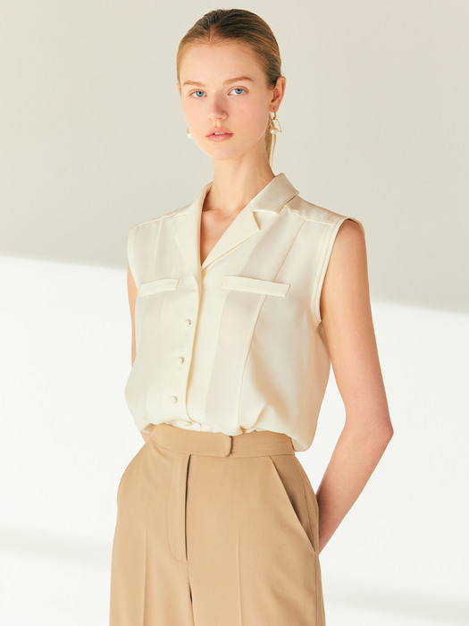 MORGAN Notched collar sleeveless blouse (Cream/Black)