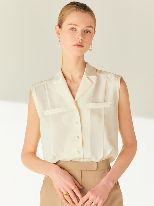 MORGAN Notched collar sleeveless blouse (Cream/Black)