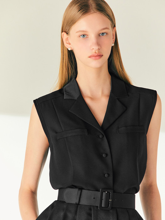 MORGAN Notched collar sleeveless blouse (Cream/Black)