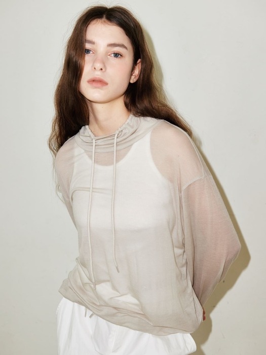 HIGH NECK STRING LONG-SLEEVED SEE-THROUGH TOP