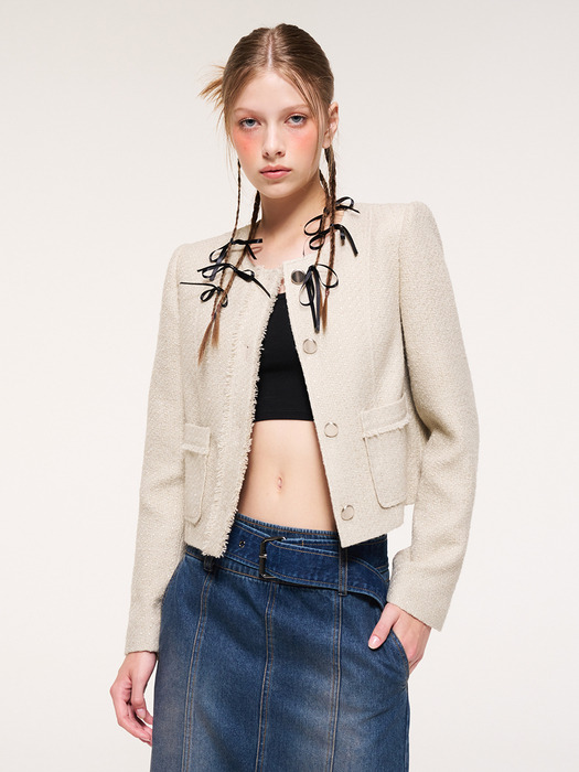 Fringe Line Tweed Jacket, Beige