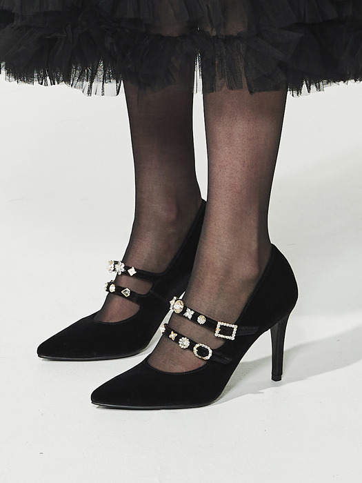 KLIMT_black 23FW Velvet  Maryjane Jewelry  High Heels