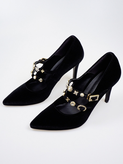 KLIMT_black 23FW Velvet  Maryjane Jewelry  High Heels