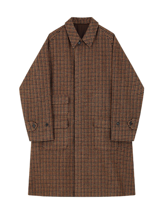 Tweed wool hound tooth Raglan Balmacaan Coat (Brown)