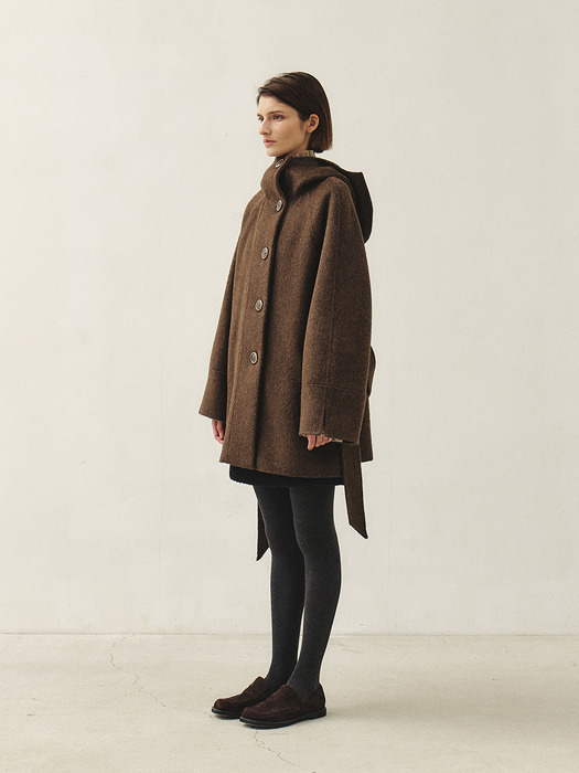 RTF CASHMERE SILK HOODED HALF COAT [HAND MADE]_BROWN