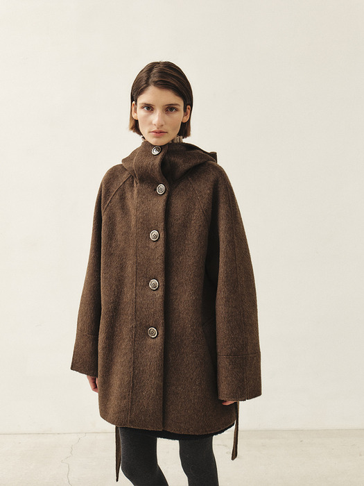 RTF CASHMERE SILK HOODED HALF COAT [HAND MADE]_BROWN