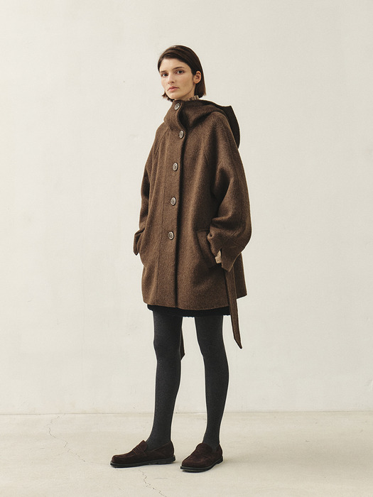 RTF CASHMERE SILK HOODED HALF COAT [HAND MADE]_BROWN