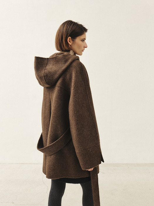 RTF CASHMERE SILK HOODED HALF COAT [HAND MADE]_BROWN