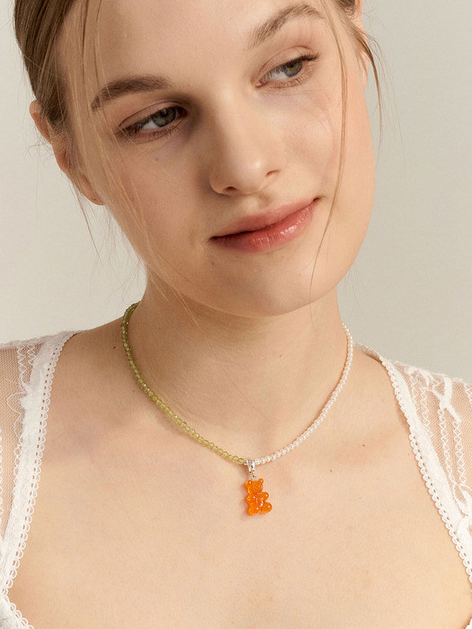 [In508]Orange Bear Silver Necklace