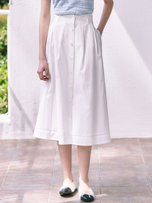 Button Flare Long Skirt_White