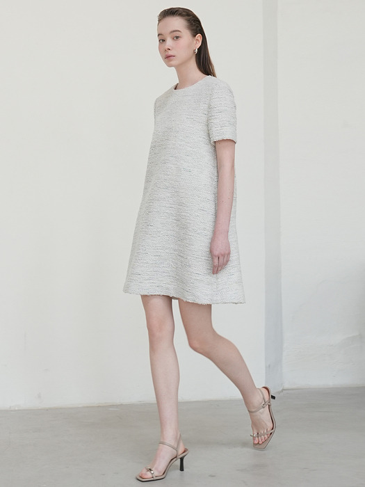 Tweed A-line Half sleeve Dress Ivory