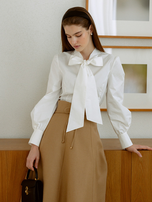 JODIE Ribbon tie cotton blouse (Light blue/Ivory)