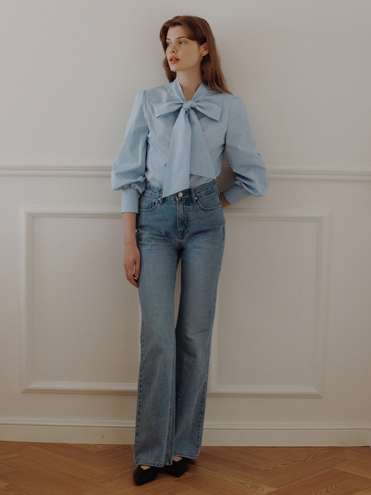 JODIE Ribbon tie cotton blouse (Light blue/Ivory)