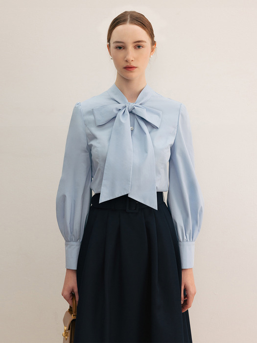JODIE Ribbon tie cotton blouse (Light blue/Ivory)