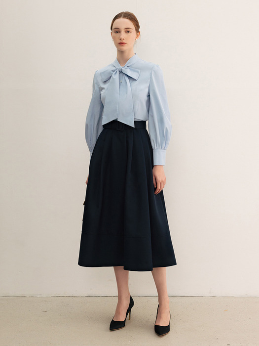 JODIE Ribbon tie cotton blouse (Light blue/Ivory)