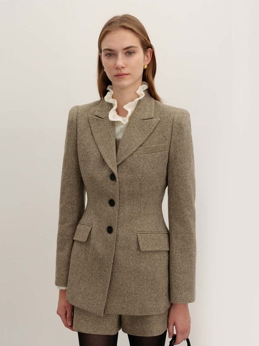 [SET]MYLAH Tailored collar wool jacket + LEO Wool shorts (Brown/Charcoal gray)