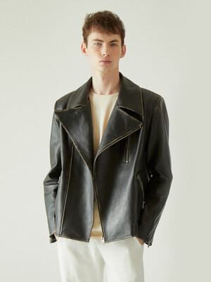 [MEN] REAL LAMBSKIN SHOULDER QUILTING RIDER JACKET BLACK