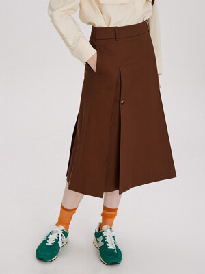 DOUBLE COTTON LOW-RISE PLEATED SKIRT (BROWN)