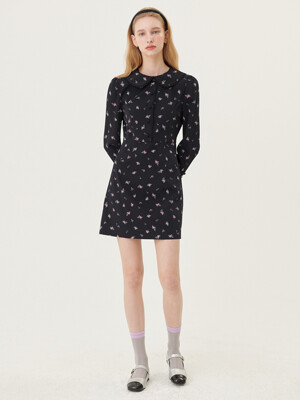 ROUND COLLAR FLORAL MINI DRESS_BLACK