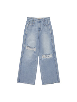 BIG DAMAGE BRUSH DENIM PANTS IN LIGHT BLUE