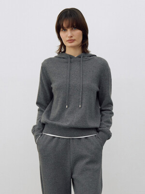 Logo Embroidery Knit Hoodie Grey