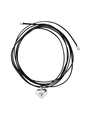 #006 Silver Heart Pendant Black Strap Long Necklace