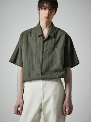 LINEN OPEN COLLAR 1/2SHIRTS_KHAKI