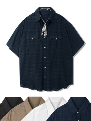 [2pack] washed check linen 2 pocket half shirt