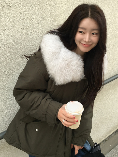 하시에 [진주 PICK] (1차 리오더) FOX FUR HOODED DRAW STRING GOOSE DOWN JUMPER [KHAKI][BLACK]