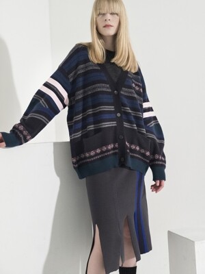 Multi-Colored Stripe Jacquard Cardigan_DARK NAVY