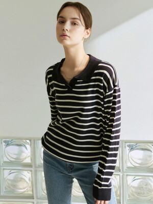 STRIPE OPEN COLLAR KNIT_NAVY