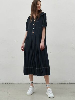 SAILOR STITCH PLEATS DRESS_NAVY