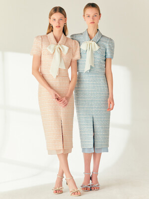 [SET]YESICA Ribbon tied tweed cropped jacket + TERI Chiffon layered H-line tweed long skirt (Pale coral pink/Minty blue)