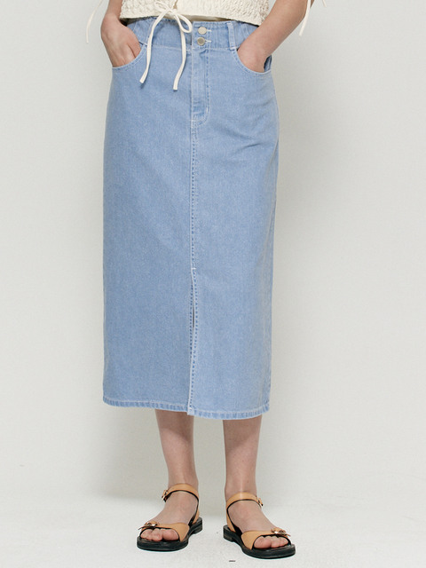 데님 - 비뮤즈맨션 (BEMUSE MANSION) - Front slit stitch denim skirt - Aqua blue