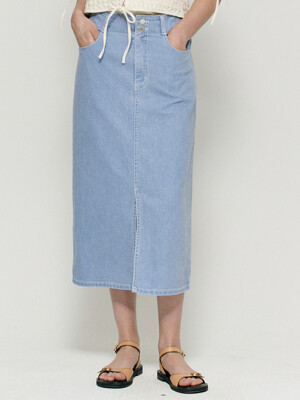Front slit stitch denim skirt - Aqua blue