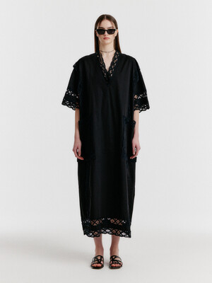 YONA Lace-trim Half-sleeve Dress - Black